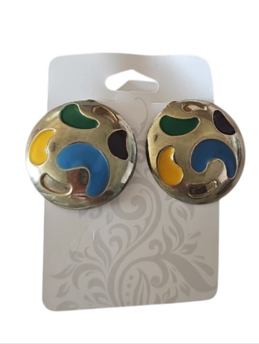 Vintage Abstract Enamel Statement Earrings Gold Tone Color Pop Retro Studs Artsy